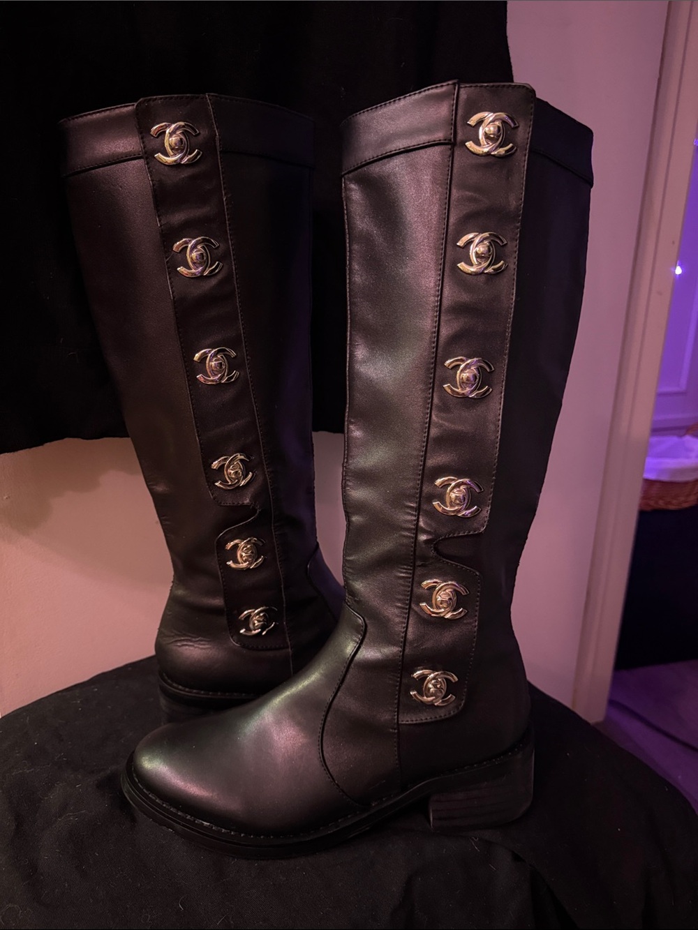 Black Leather Over-the-Knee Boots with Silver CC Buttons